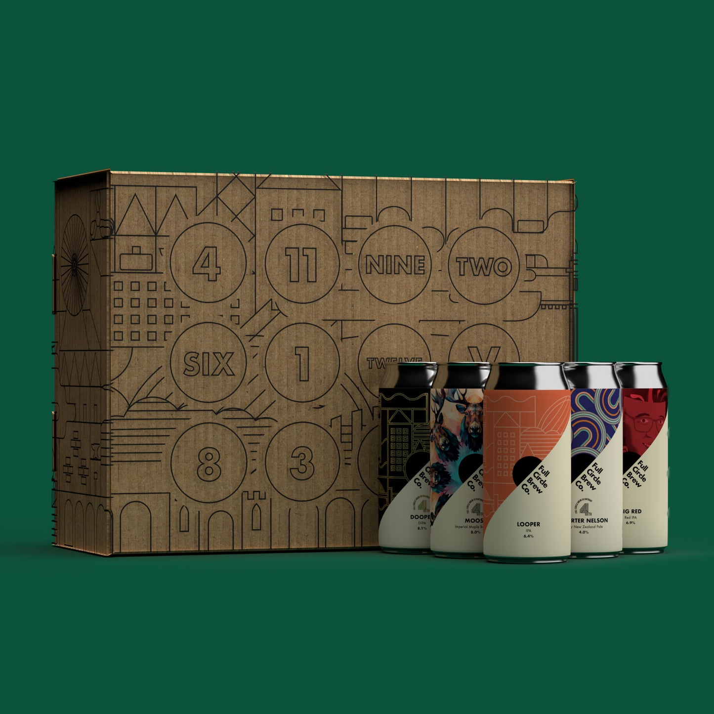 The Craft Beer Advent Calendar by Full Circle Brew Co.& friends. Featuring 12 different craft beers behind each door to celebrate Christmas & the festive season. Find Dooper, Looper, Quarter Nelson and other special releases in our latest Christmas gift that has just been added to the collection. This image shows the craft beer advent calendar sat in front of a Christmas themed green background. While showing 5 different cans you're likely to find inside our craft beer advent calendar.