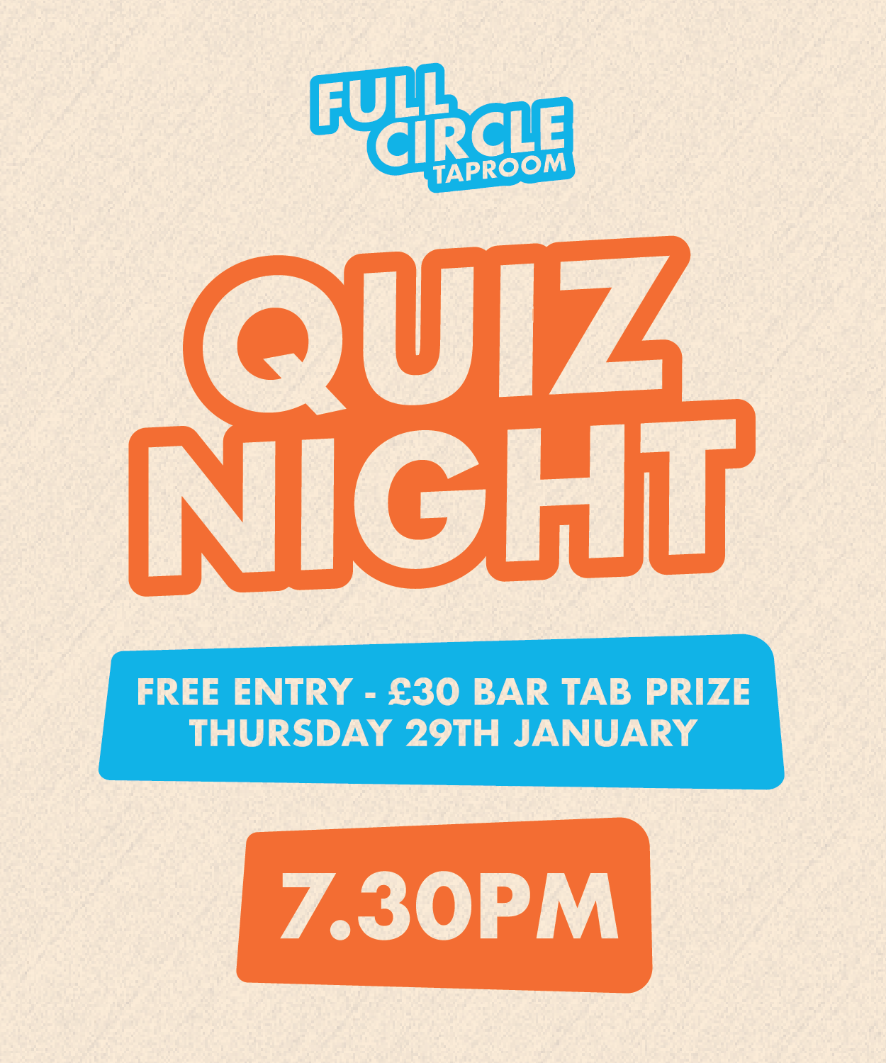 Poster for the monthly quiz night at Full Circle Brew Co, Newcastle upon Tyne