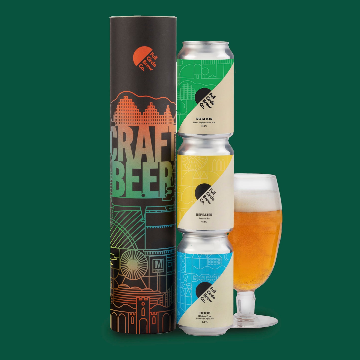 Mixed pack of craft beer cans in a gift tube from Full Circle Brew Co, Newcastle upon Tyne