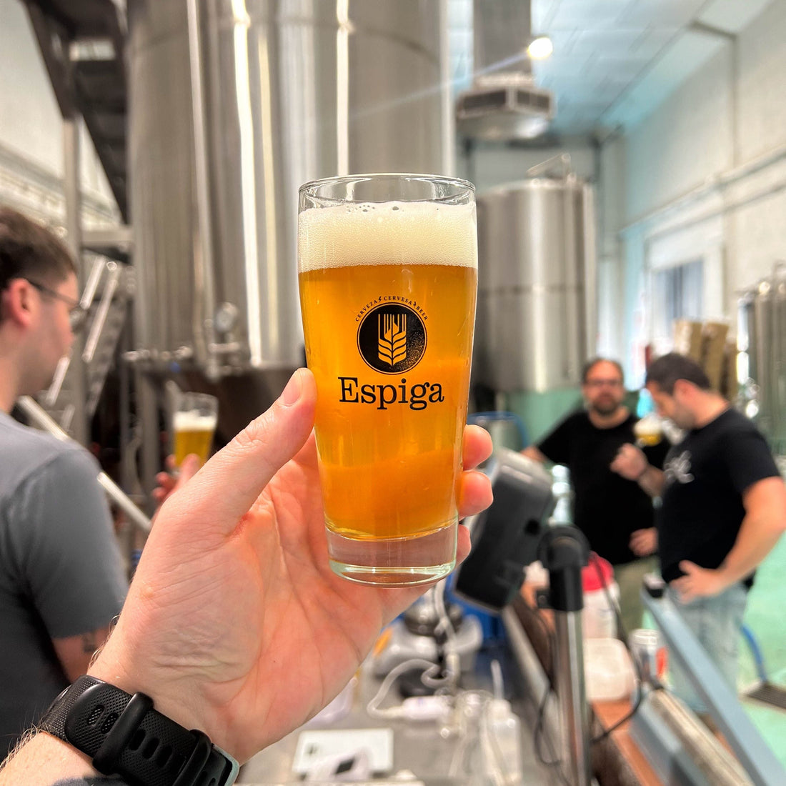 A pint offull circle x  espiga beer in a brewery.