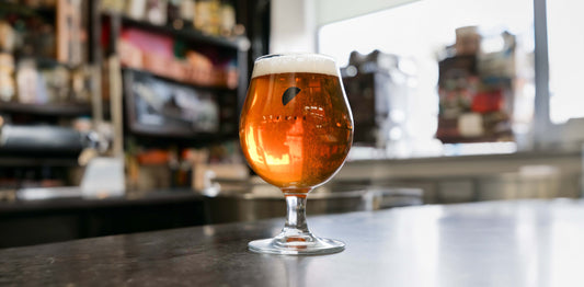 Full Circle Brew Co Newcastle upon Tyne Craft Beer in a glass sat on the bar top with the sun shining through it