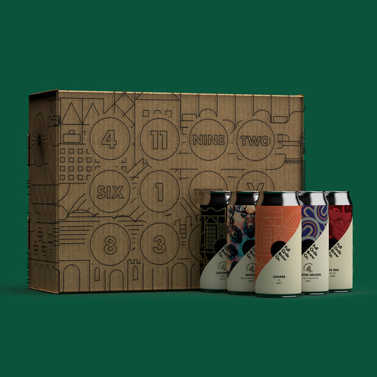 The Craft Beer Advent Calendar by Full Circle Brew Co.& friends. Featuring 12 different craft beers behind each door to celebrate Christmas & the festive season. Find Dooper, Looper, Quarter Nelson and other special releases in our latest Christmas gift that has just been added to the collection. This image shows the craft beer advent calendar sat in front of a Christmas themed green background. While showing 5 different cans you're likely to find inside our craft beer advent calendar.