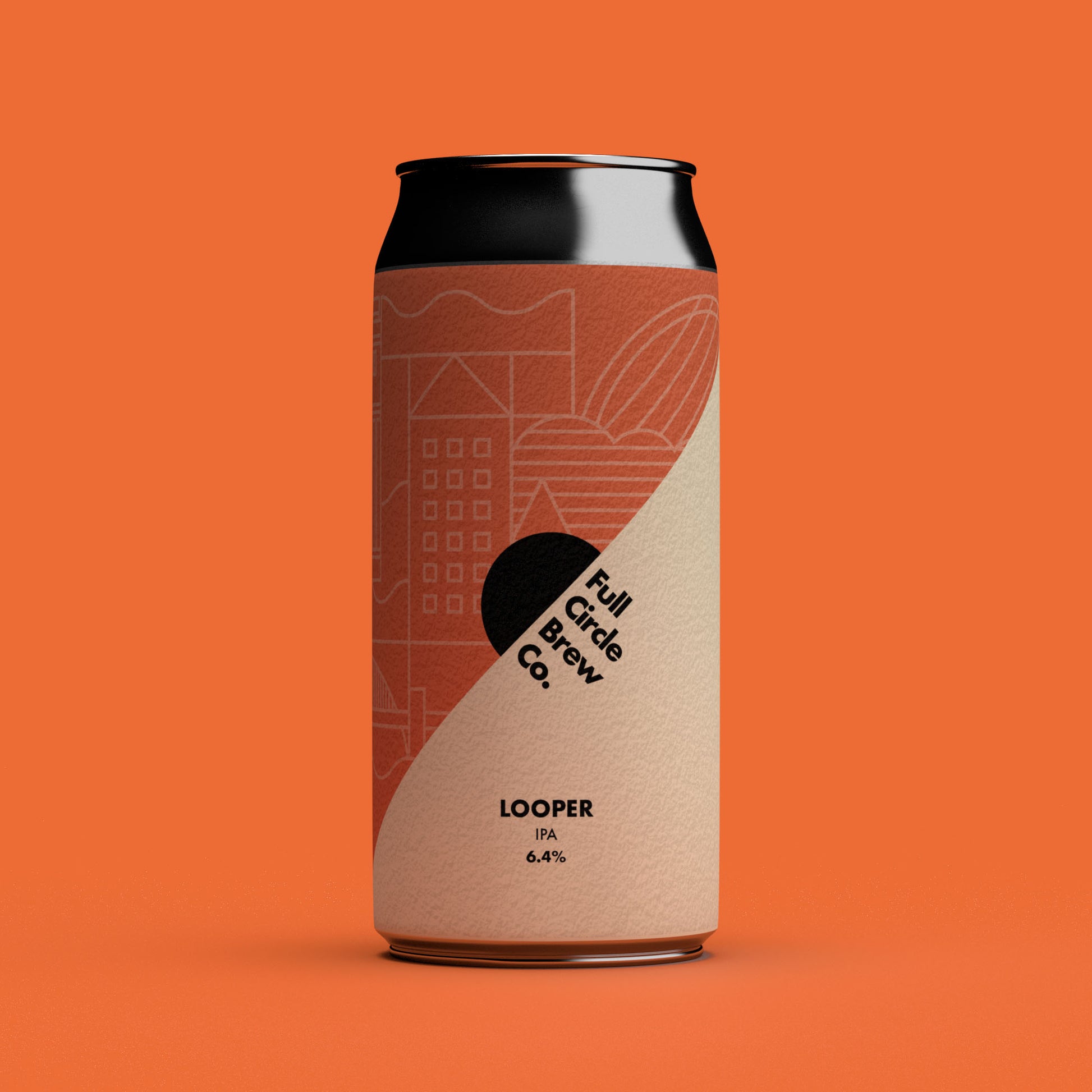An orange background image of the Full Circle Brew Co can of Looper. Showing the IPA and its ABV strength of 6.4%. Recent winner of the 2024 SIBA Keg IPA of the year award.